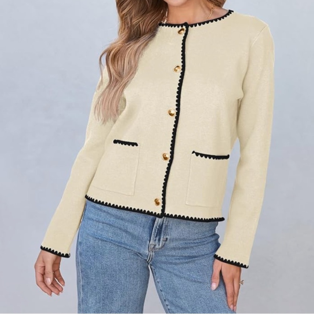 NWT LILLUSORY Cardigan Sweater XL Cream Black Trim Button Up